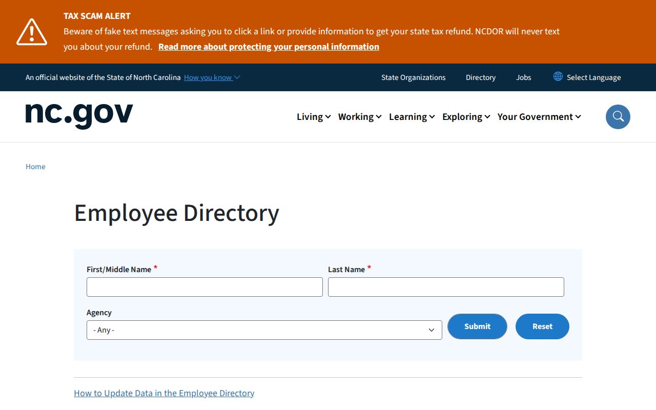 Monroe people directories North Carolina employee name and agency filters